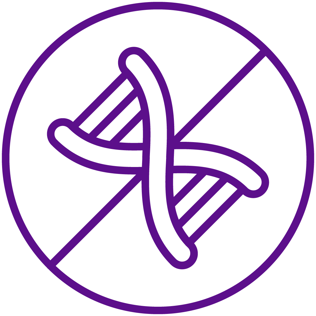 Non-GMO logo, graphic of a double helix with a cross-out sign through it