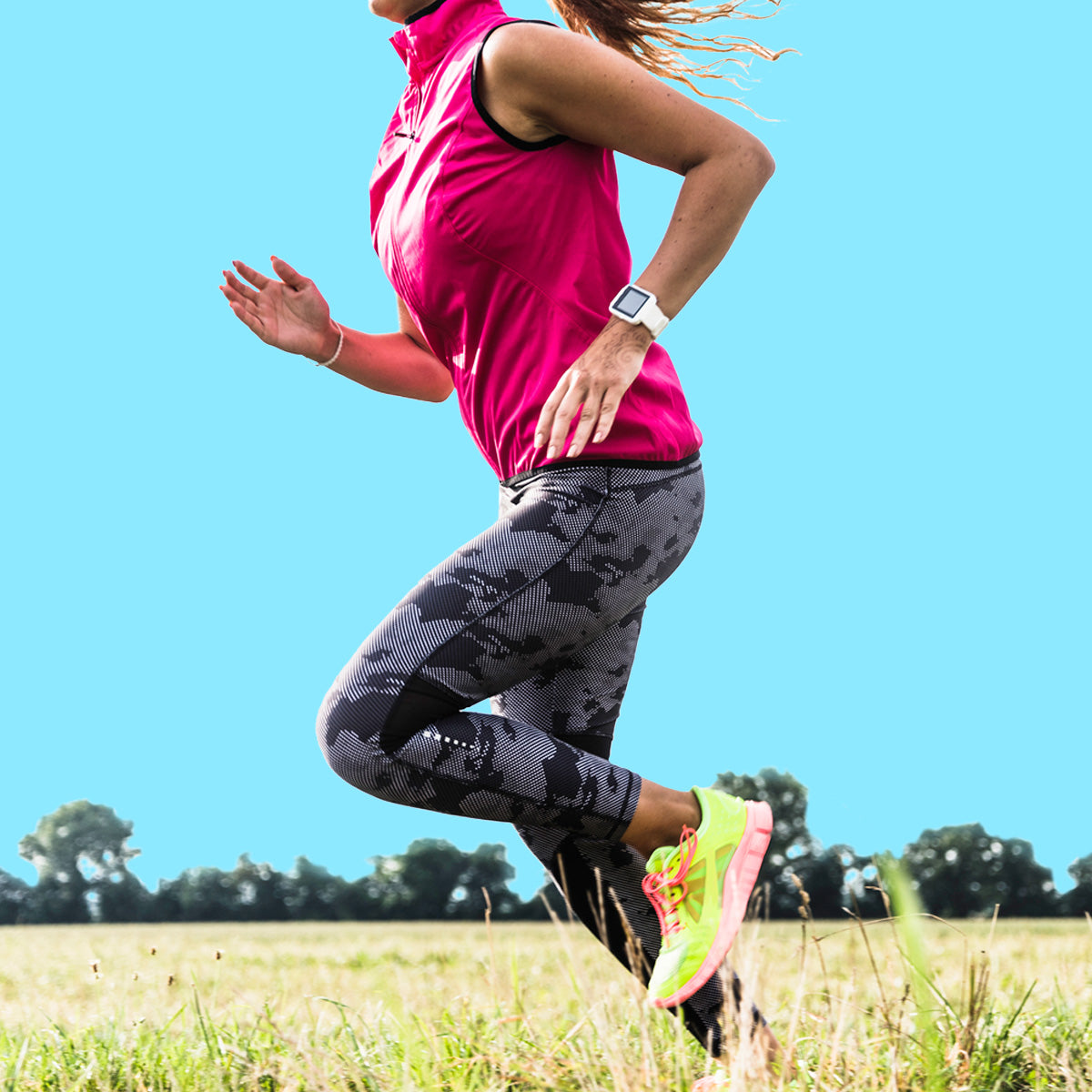 Right, Fit woman running outdoors in athletic wear. 