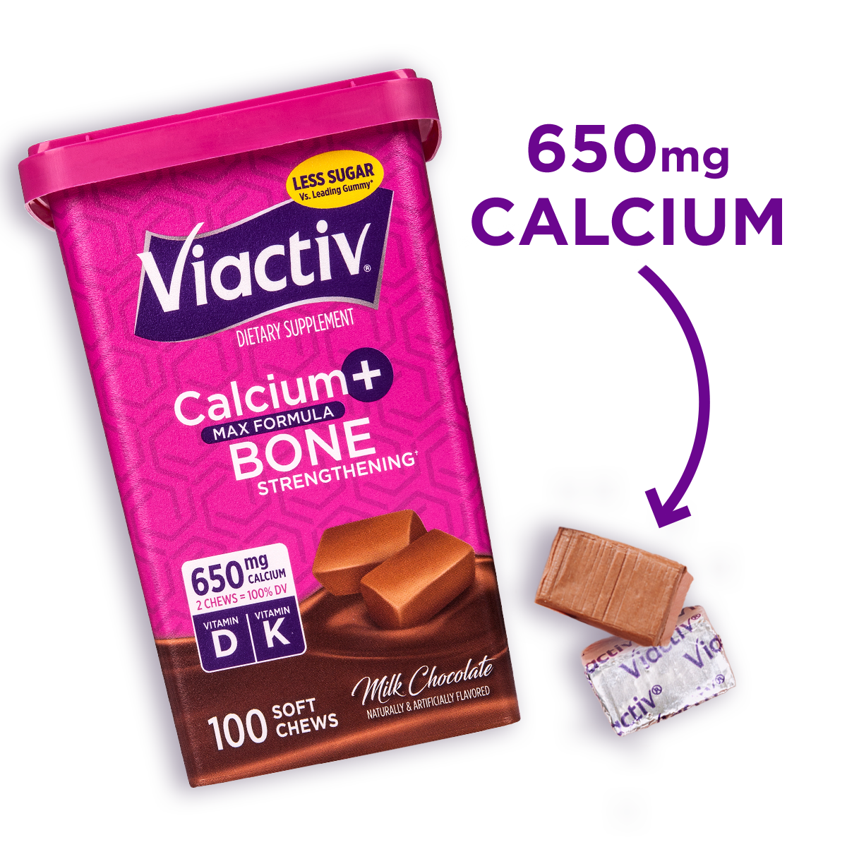 Calcium Chews Packaging highlighting the 650mg of calcium contained in each chew