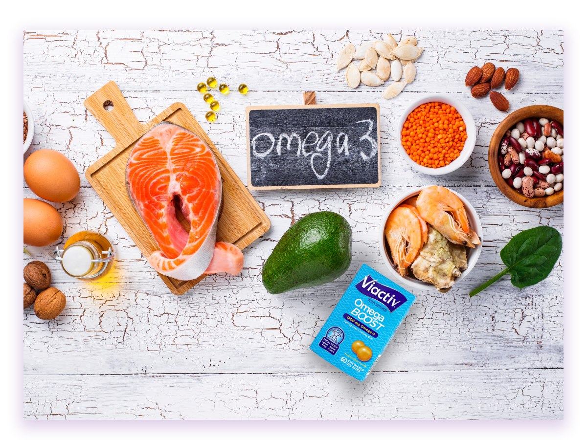 Viactiv Omega Boost and other foods like Salmon, Eggs, and Avocado, that contain Omega-3s.