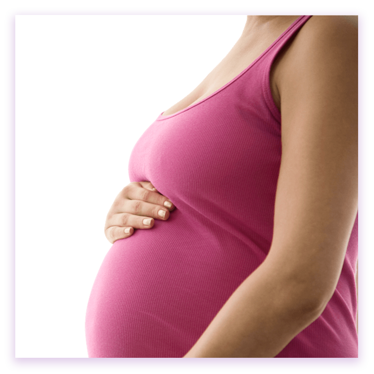 Pregnant woman gently holding her pregnant belly.